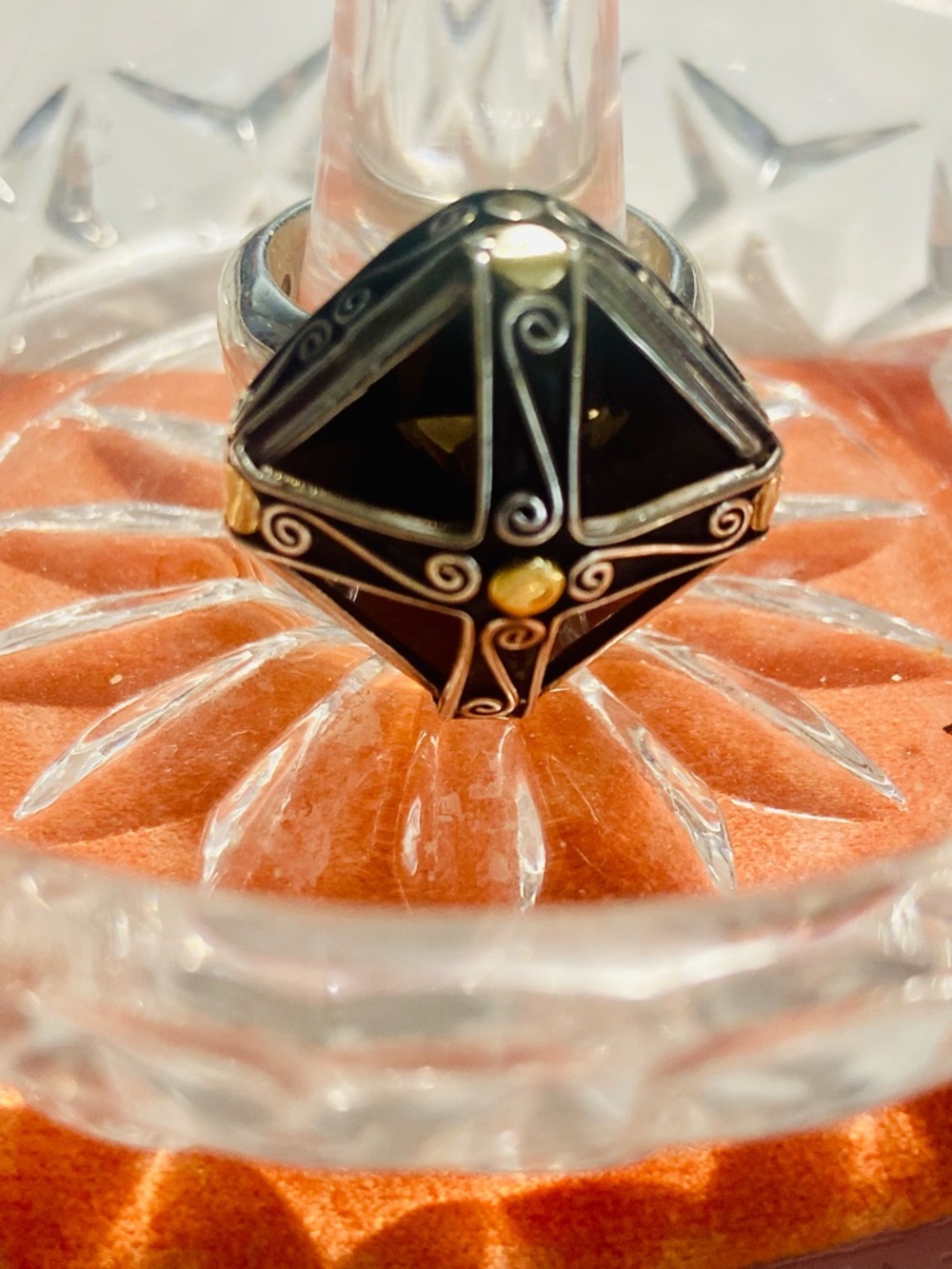 Sundance Smokey Quartz or Topaz  Shield Ring with Gold Accents Size 5